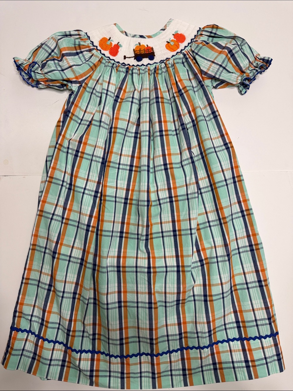 Babeeni Cotton Smocked Plaid Pumpkin Dress in Mint, Orange & Navy